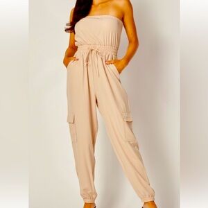 #101 tan cargo jumpsuit